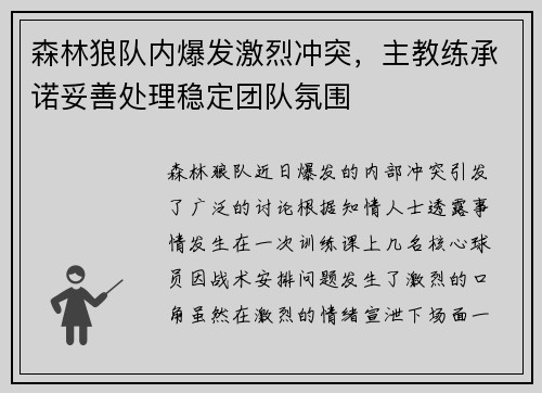 森林狼队内爆发激烈冲突，主教练承诺妥善处理稳定团队氛围